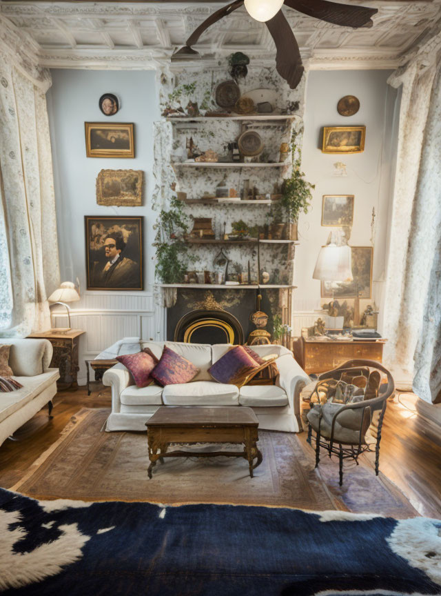 Vintage Living Room with Ornate Fireplace & Antique Furniture