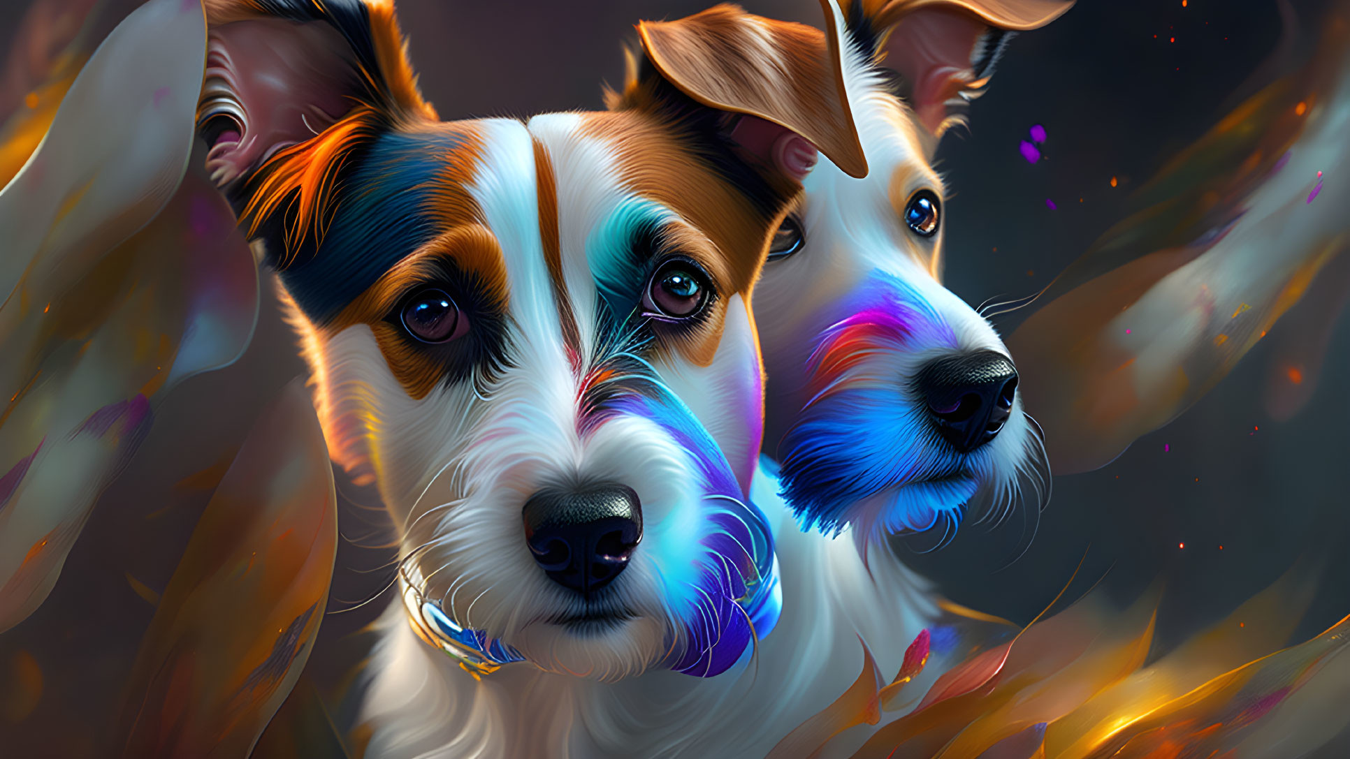 Vibrant digital artwork of expressive dogs with colorful highlights