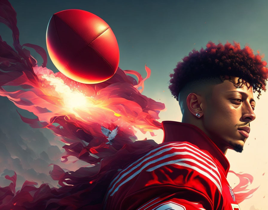 Digital Art: Man with Afro in Red Jersey & Football Illustration