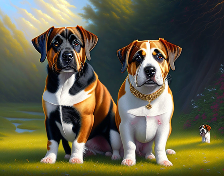 Illustrated dogs with chain and collar in sunlit field with flowers and trees