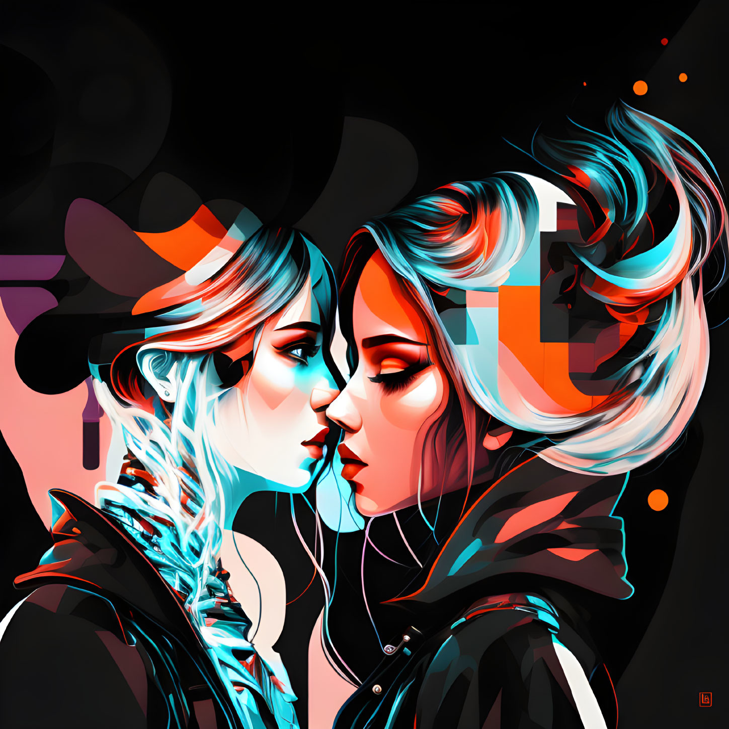 Stylized female figures with colorful flowing hair on dark abstract background