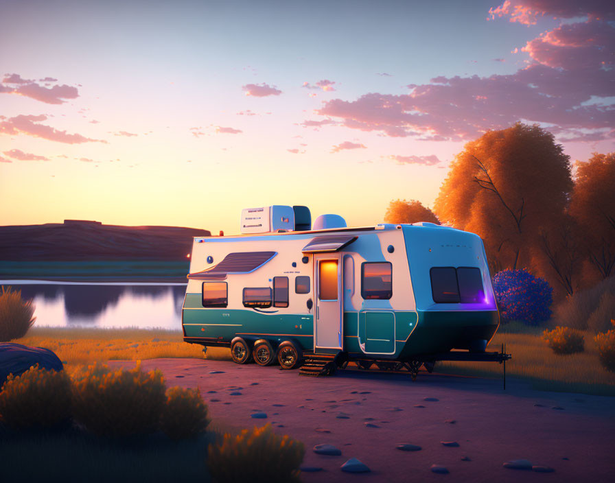 Teal RV in Desert Dusk with Lake View