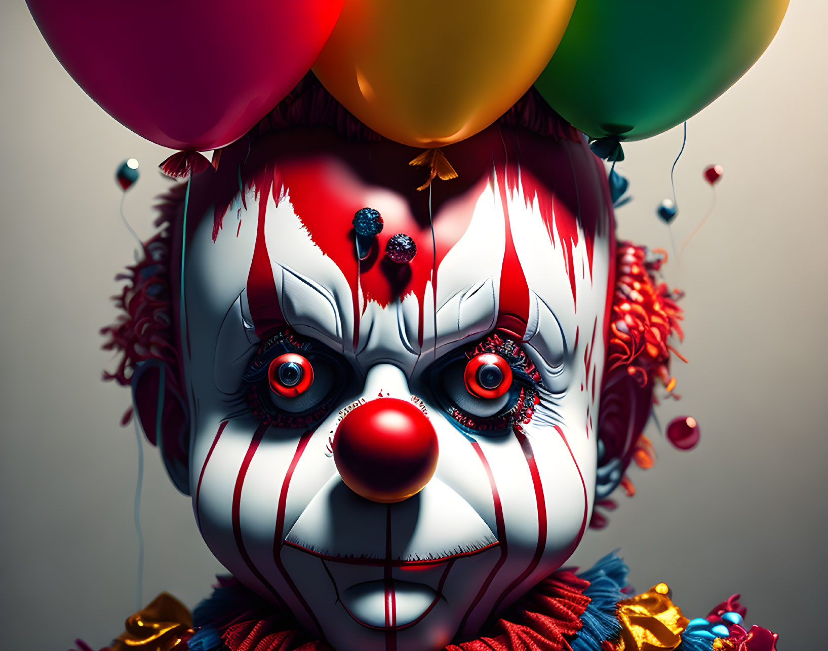 Colorful Clown with Red and White Face Paint and Vibrant Balloons