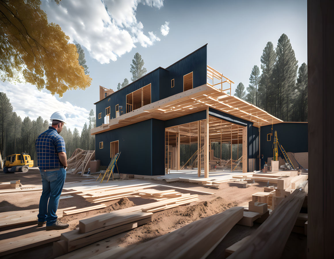 Unfinished two-story blue building in forest with construction materials and yellow vehicle