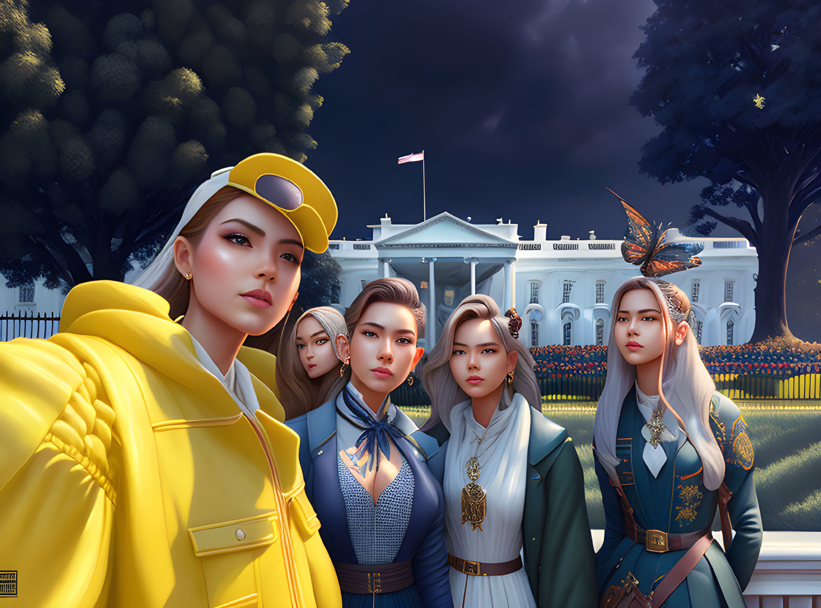 Five stylishly dressed animated female characters in front of the White House with a butterfly.