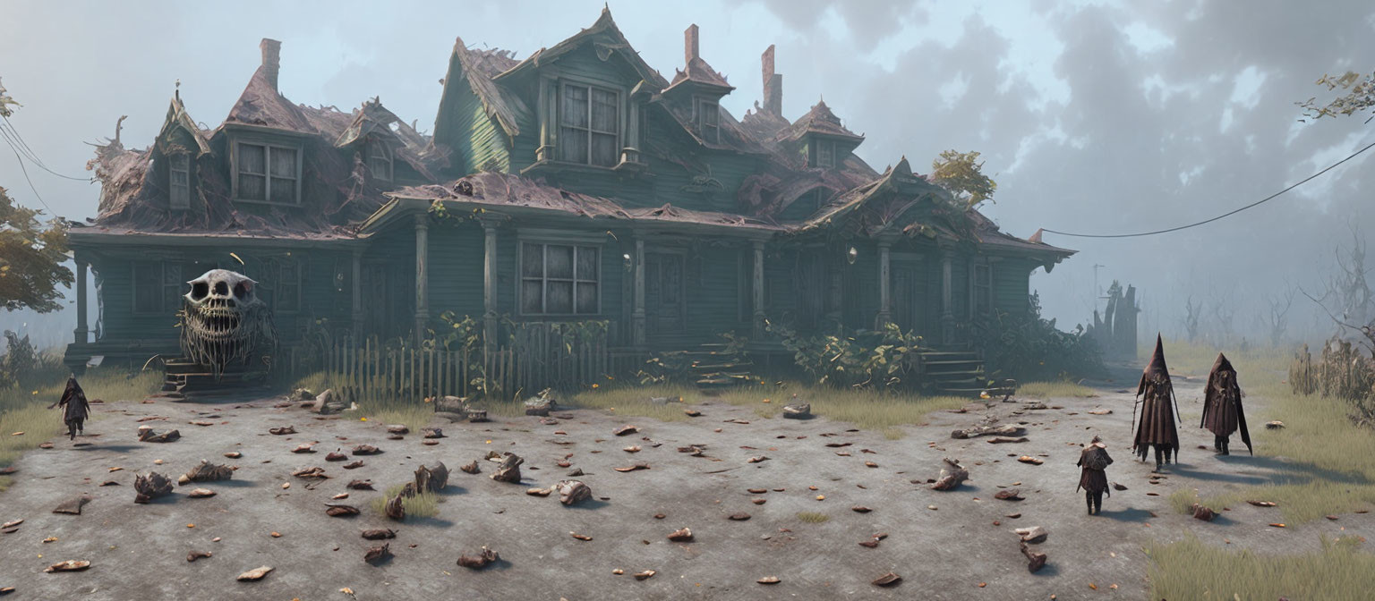 Abandoned house with green exterior, giant skull entrance, three robed figures in desolate landscape