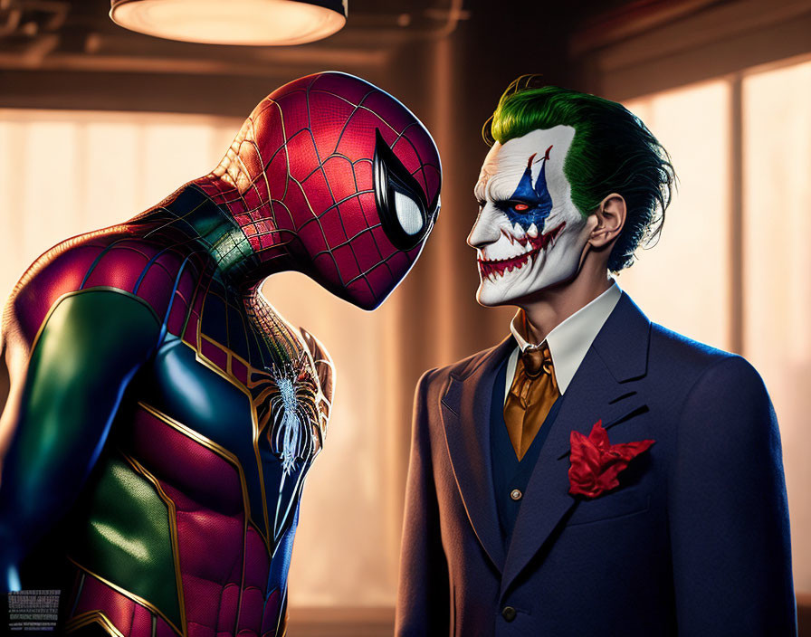 Superhero in red and blue suit confronts man in green hair and Joker makeup with red bouton