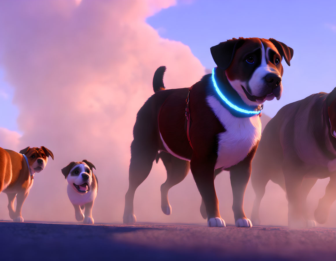 Three animated dogs with glowing blue collars in a purple sky with pink clouds