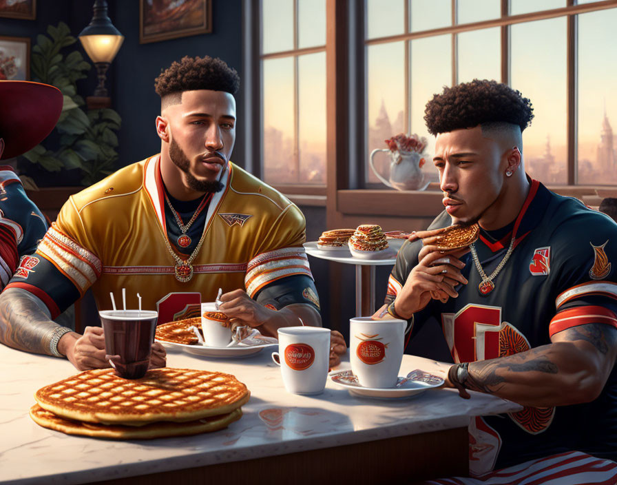 Men in sports jerseys dining with waffles, burgers, and drinks in cityscape diner.