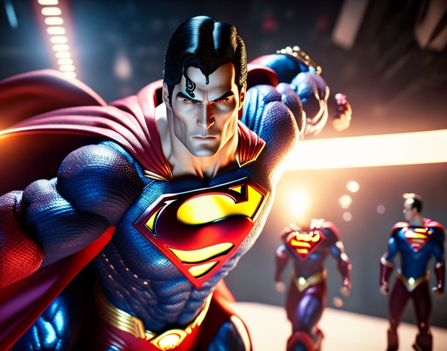 Superman in classic costume with clenched fist and multiple versions in background