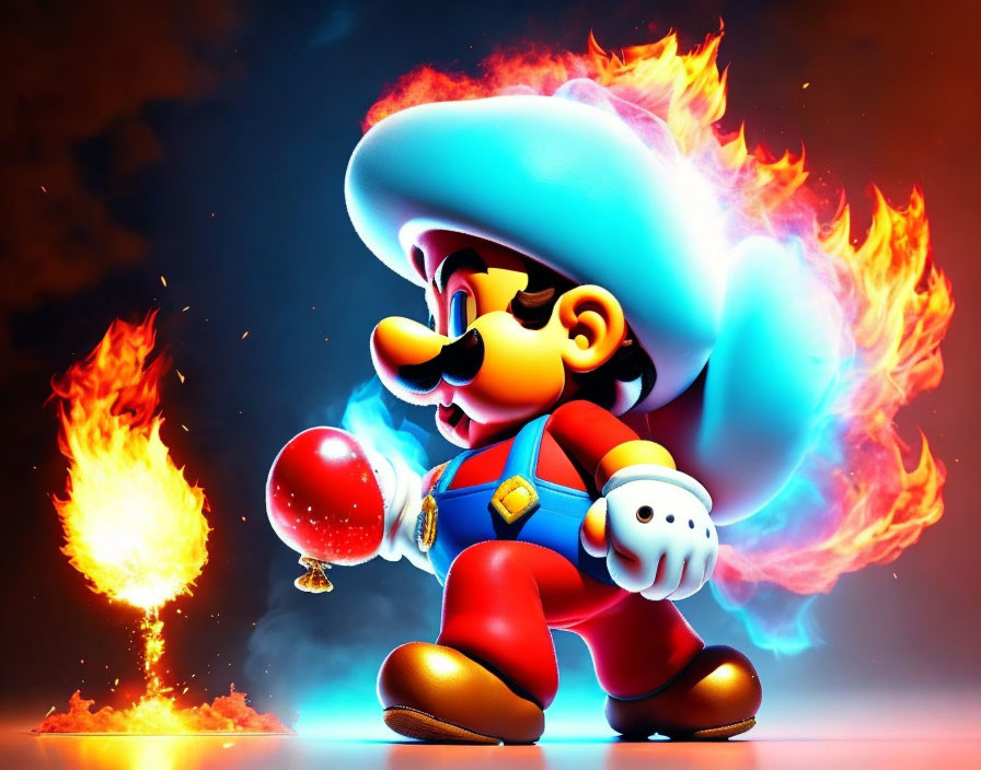 Dynamic Mario Artwork with Red Mushroom and Fiery Background