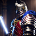 Medieval knight in shining armor with blue cape and glowing sword