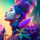 Vibrant illustration of woman with floral hair against colorful backdrop