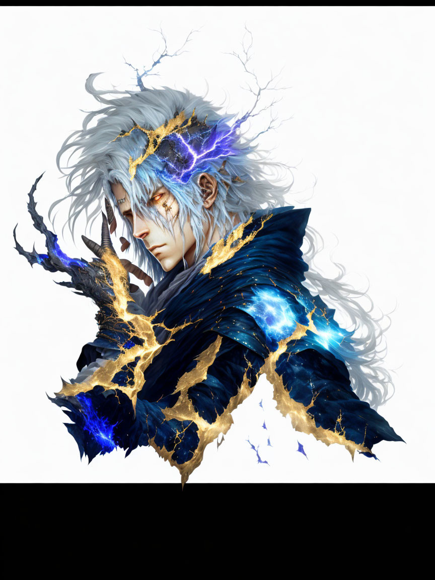 Fantasy character with silver hair and glowing blue and gold armor.