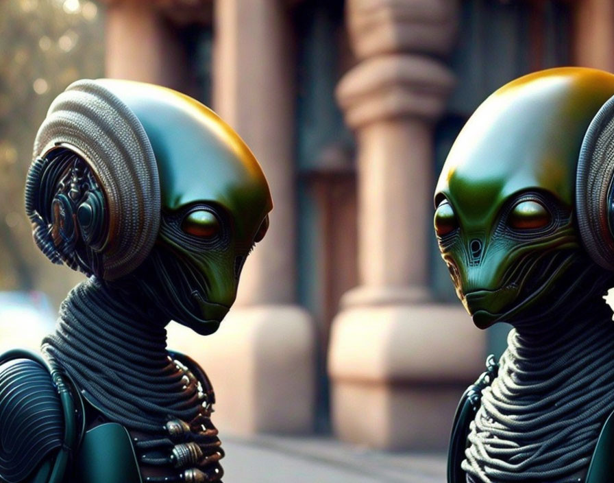 Detailed alien humanoid figures in conversation against blurred backdrop