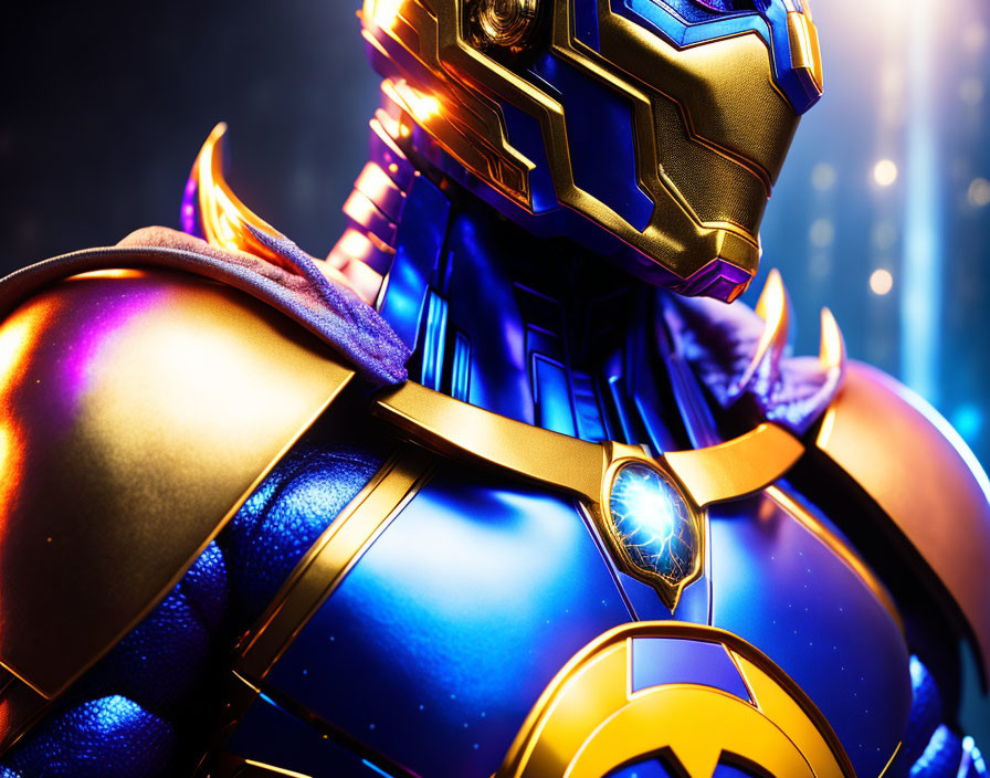 Colorful Armored Superhero with Glowing Blue Chest Piece and Golden Details