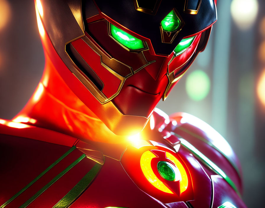 Red and Gold Armored Character with Glowing Green Eyes and Chest Piece