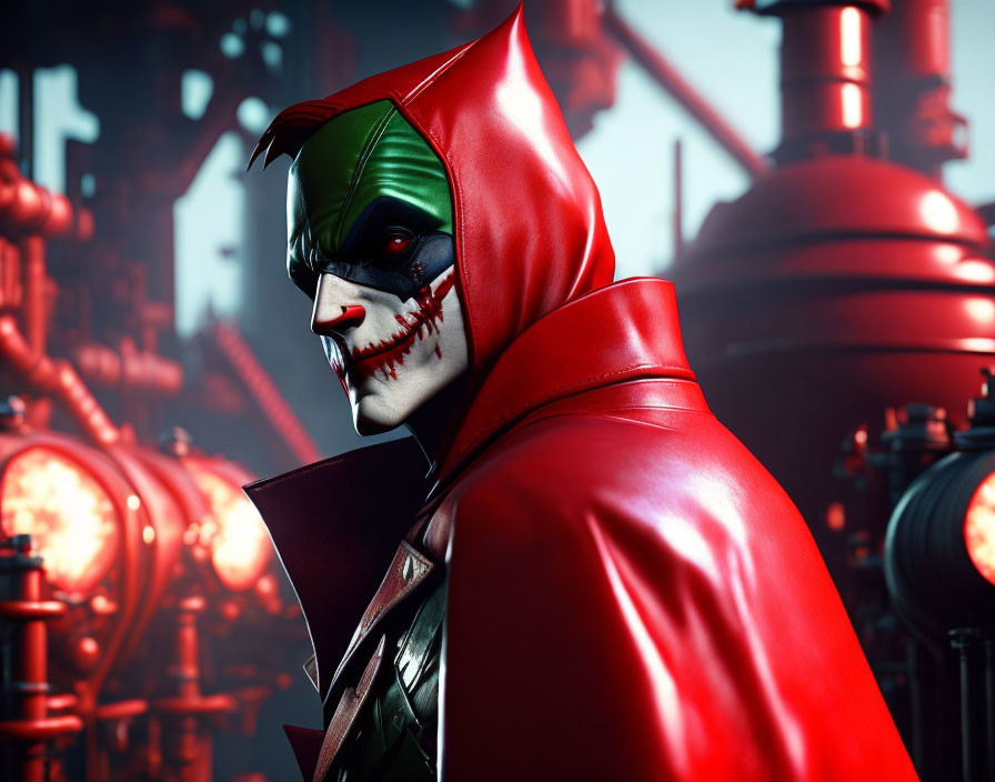 Sinister clown with green and red hood in industrial setting