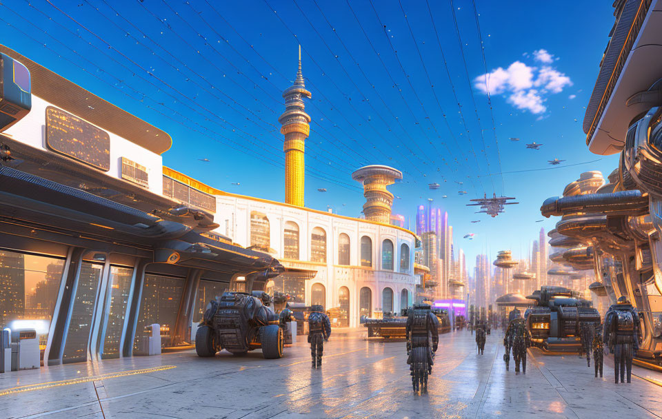 Futuristic cityscape with flying vehicles and advanced military gear