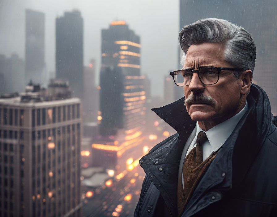 Gray-Haired Man Contemplating Rainy Cityscape