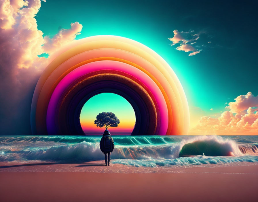 Person admires surreal giant rainbow over single tree on shore.