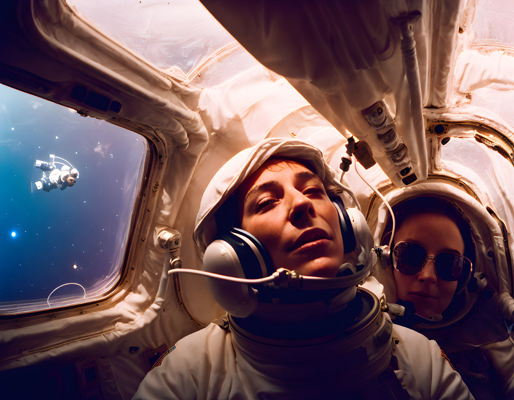 Astronauts in helmets view distant space shuttle in spacecraft window.