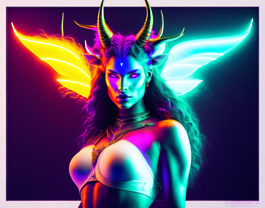 Fantasy creature illustration with neon colors, horns, wings, and mythical theme