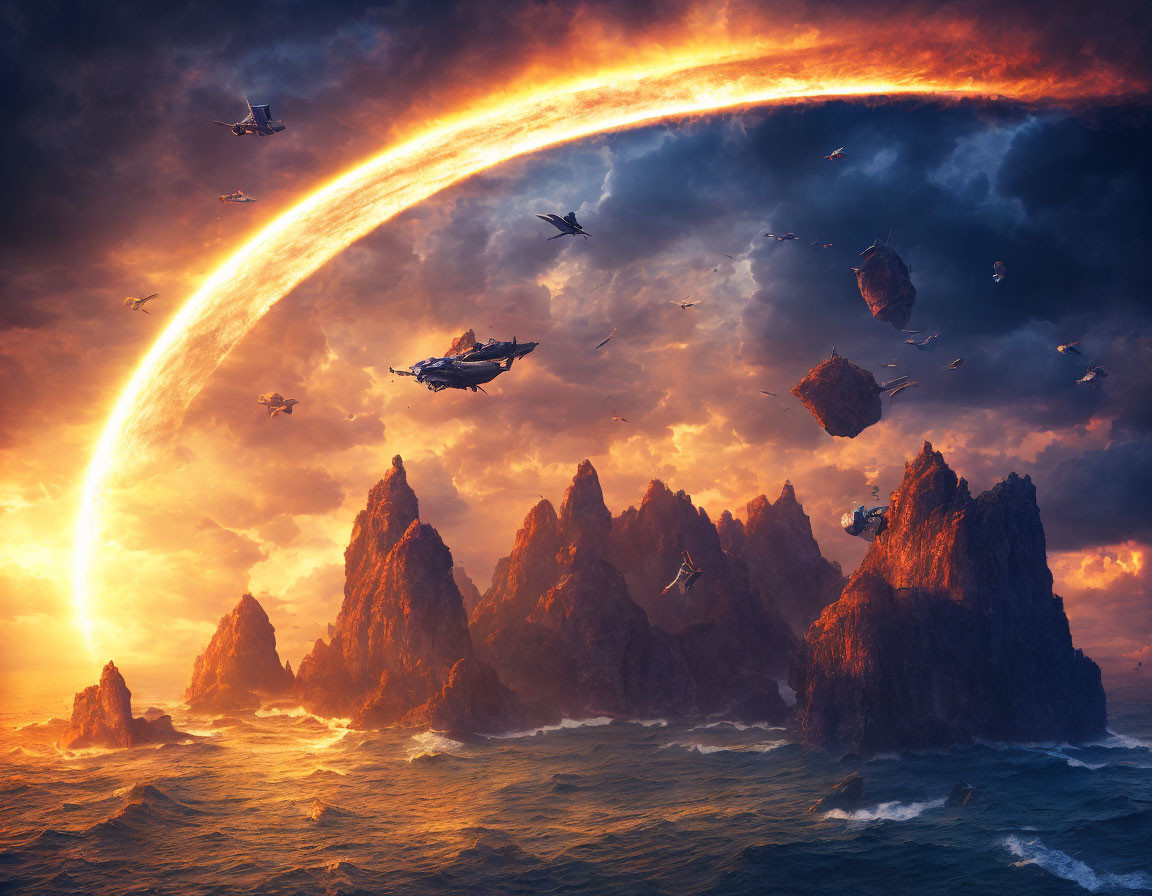 Fantastical sunset scene with flying rocks, birds, and jagged cliffs