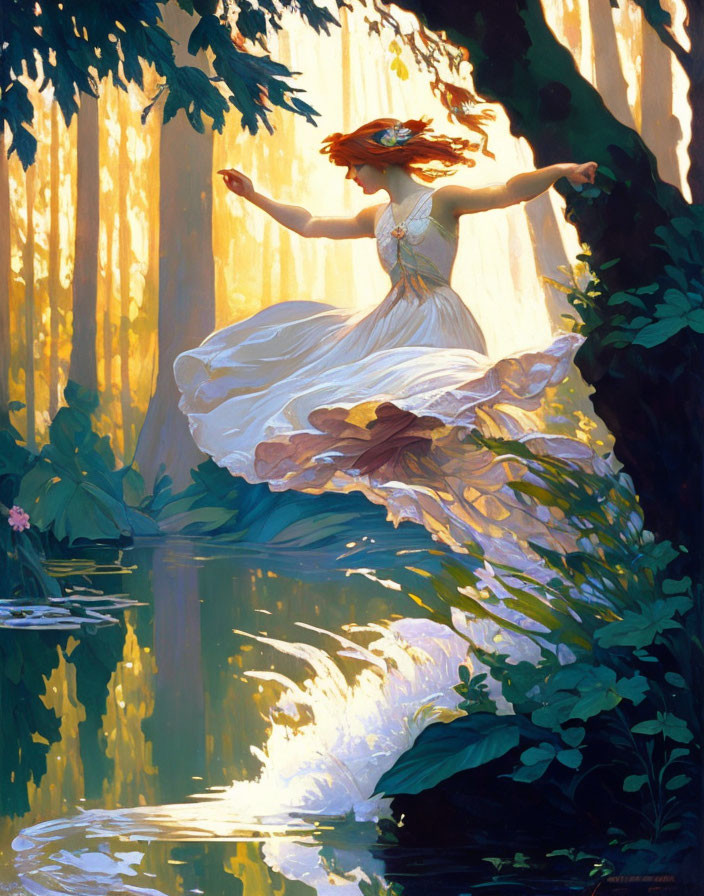 Woman in white dress dancing on waterlily in serene pond with sunlight reflections