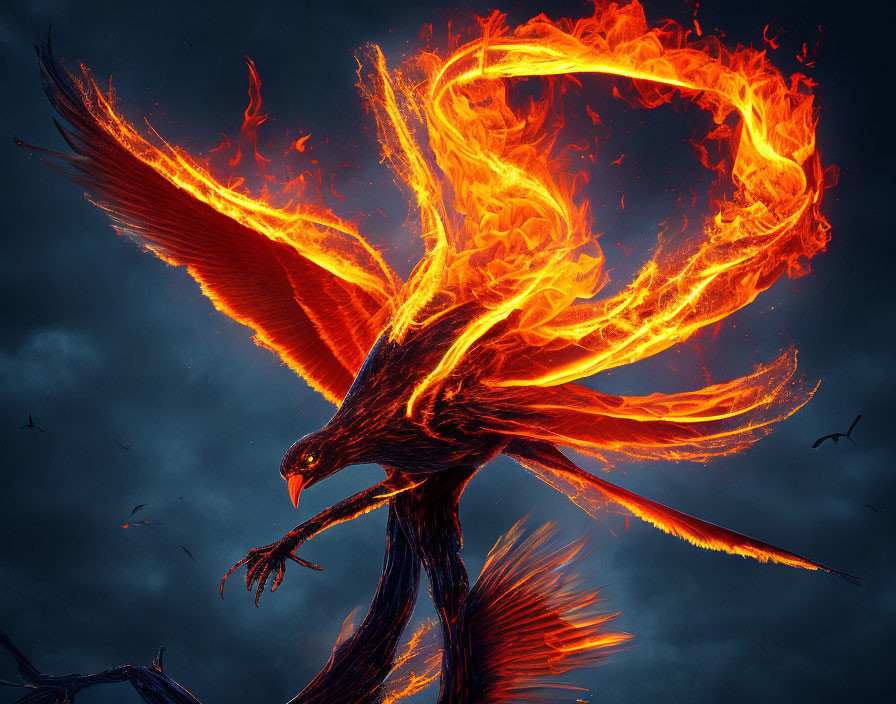 Fiery phoenix soaring in stormy sky with blazing wings and tail