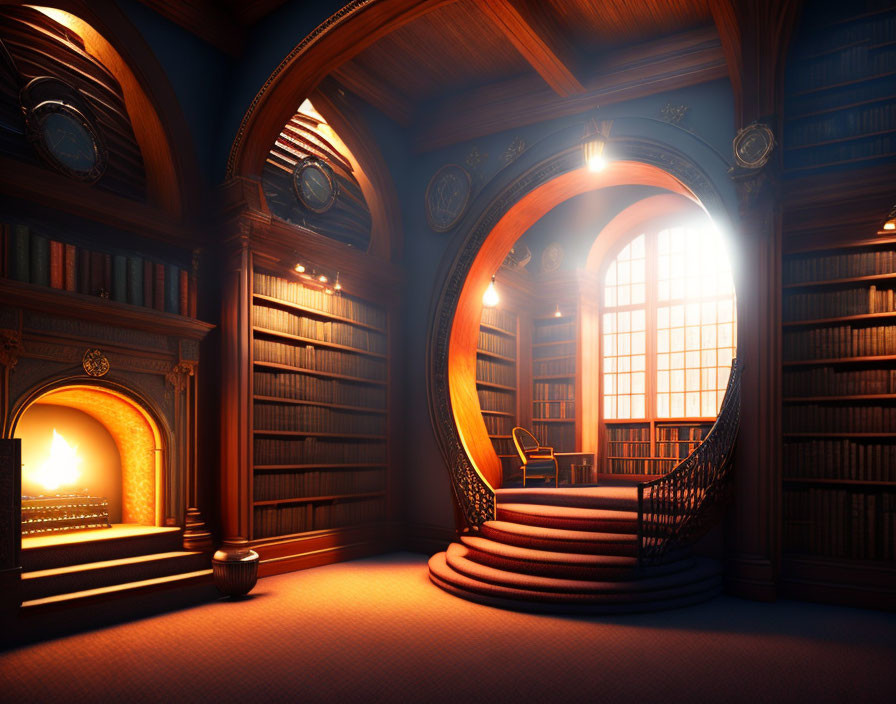 Circular library with wood paneling, arched windows, fireplace, and books in sunlight