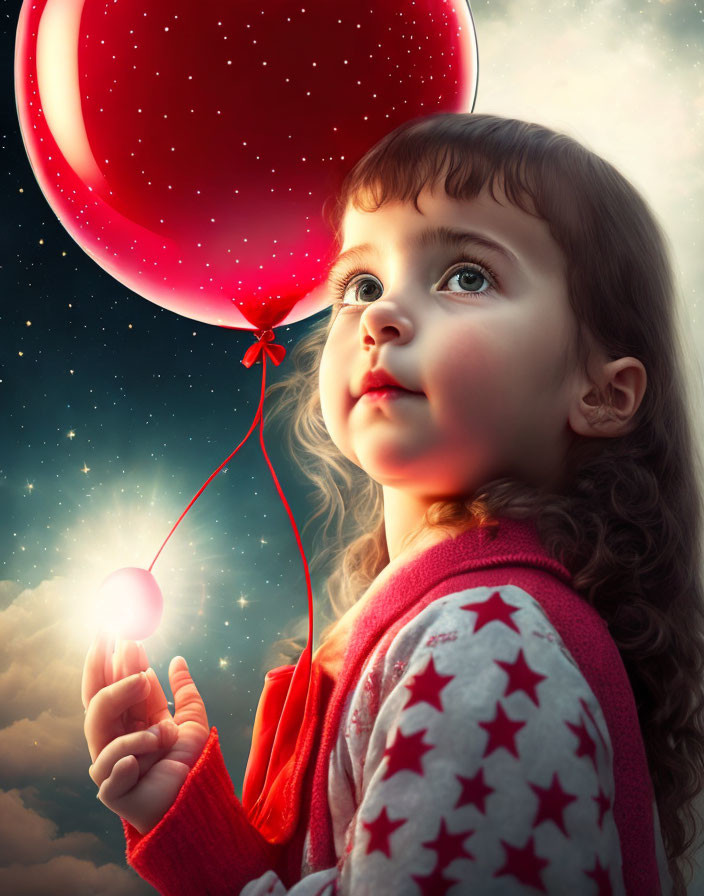 Young girl with wavy hair holding red balloon under dreamy sky