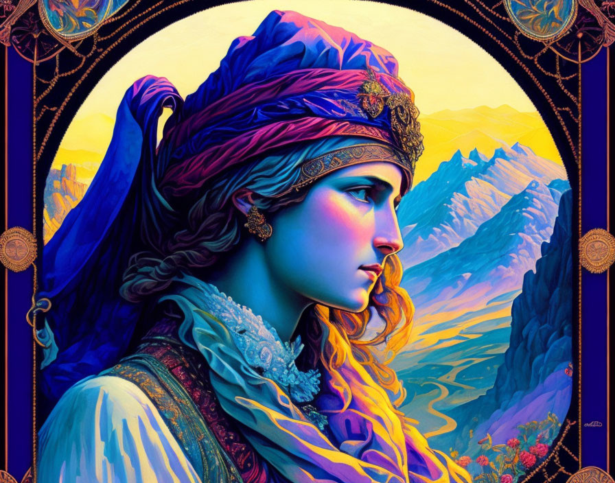 Colorful portrait of woman in turban with jewelry against mountain backdrop