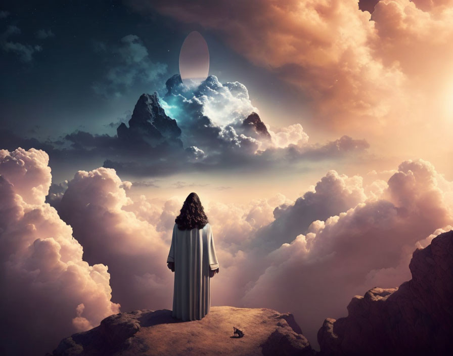 Person in white robe gazes at surreal mountain portal