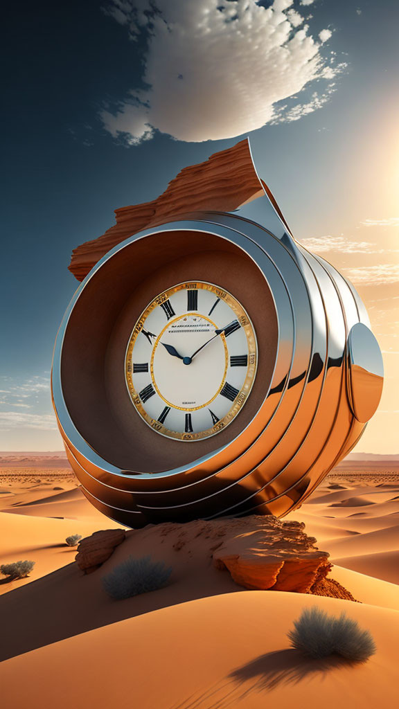 Surrealist desert landscape with snail shell staircase and clock face