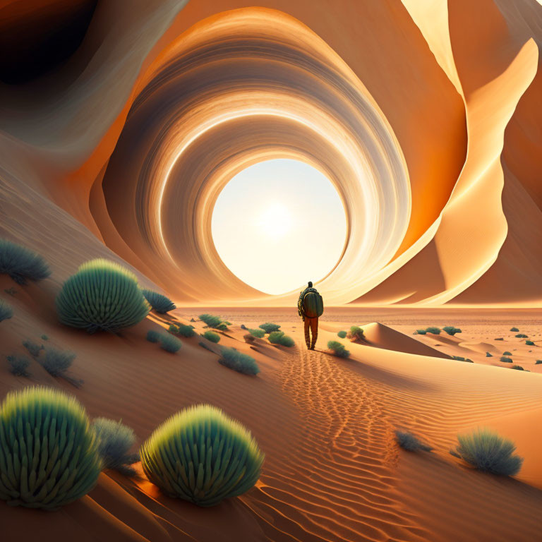 Surreal desert landscape with swirling rock formations