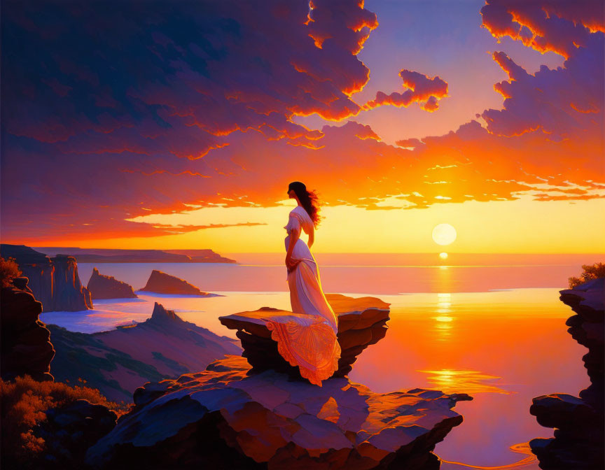 Woman in flowing dress on cliff, sea sunset view