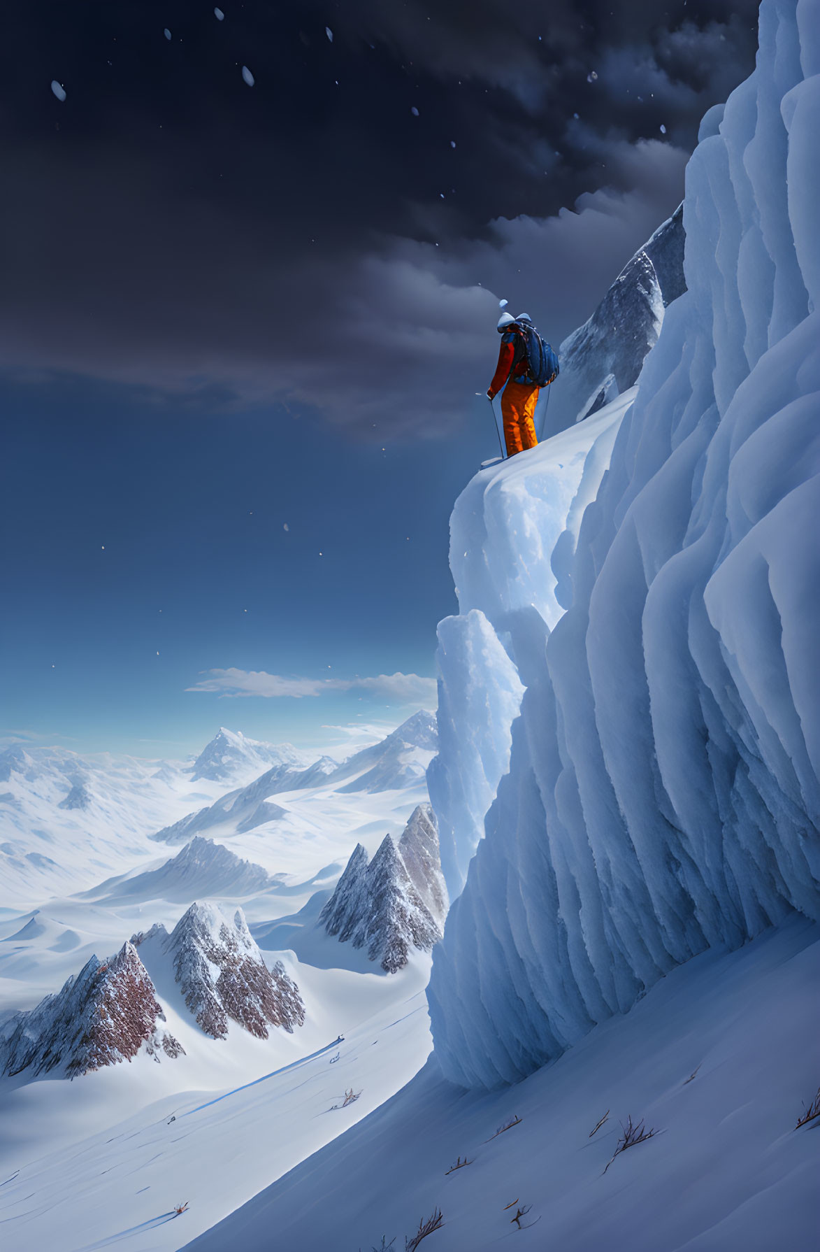 Climber on Snowy Ridge Overlooking Snow-Covered Mountains