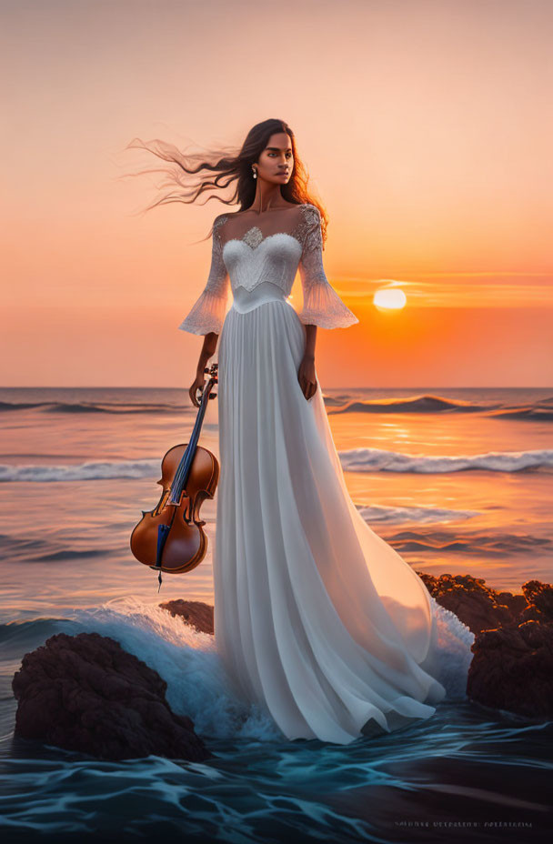 Woman in white dress playing violin at sunset by the sea