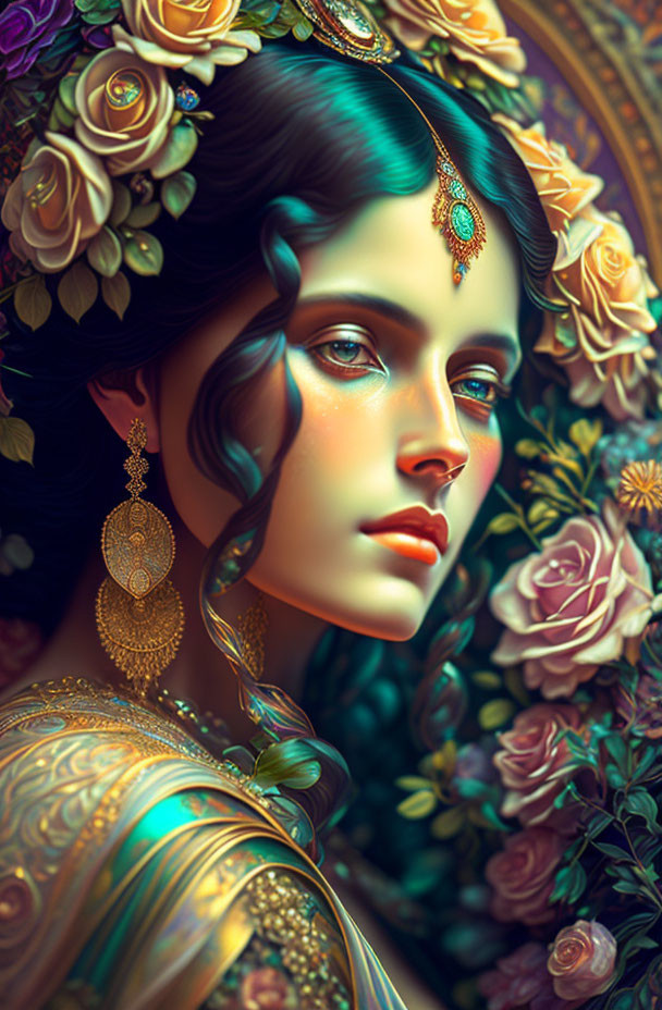 Vibrant digital artwork of a woman with ornate jewelry and lush floral motifs