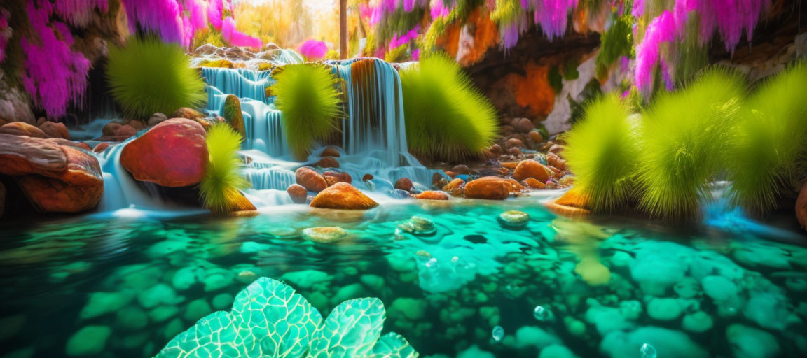 Fantasy Cascade with Mossy Rocks and Turquoise Water