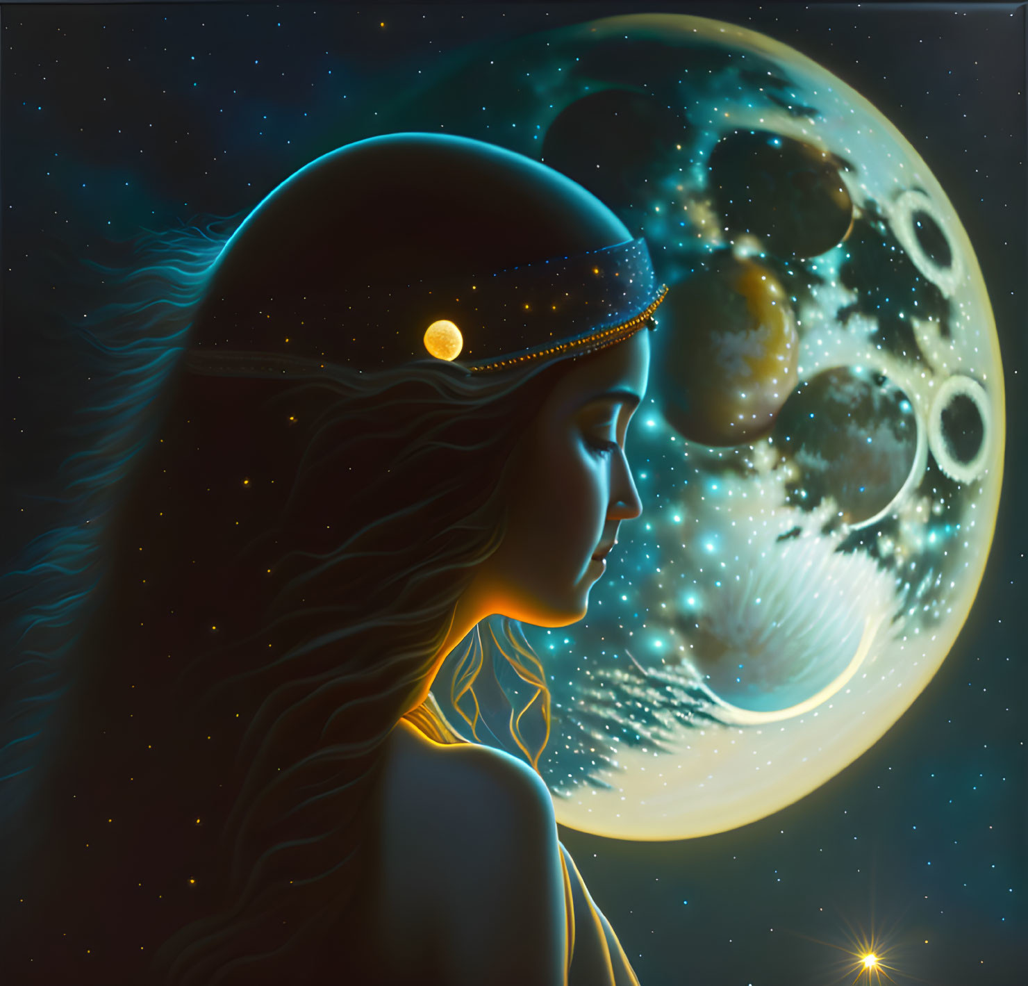 Woman's profile merged with cosmic background showcasing celestial connection