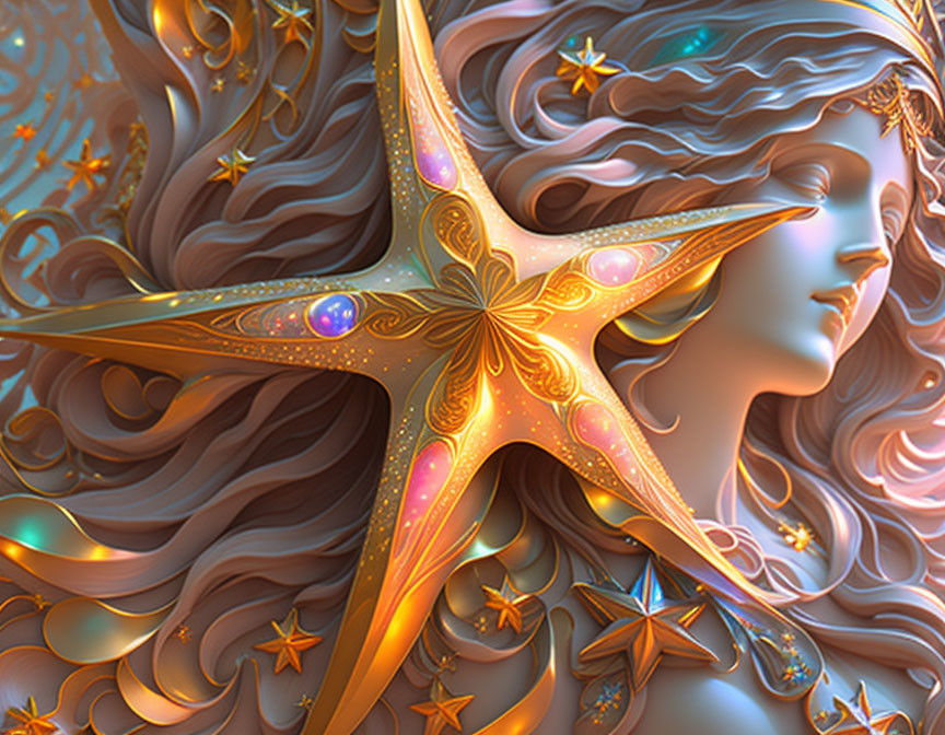 Ethereal woman's face with golden starfish and celestial motifs