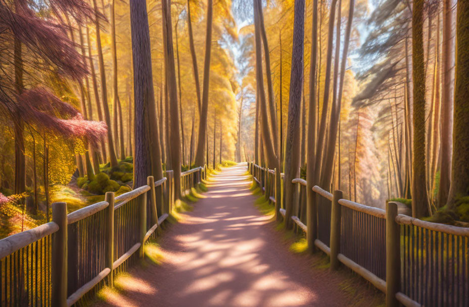 Enchanting forest pathway with tall trees and golden light