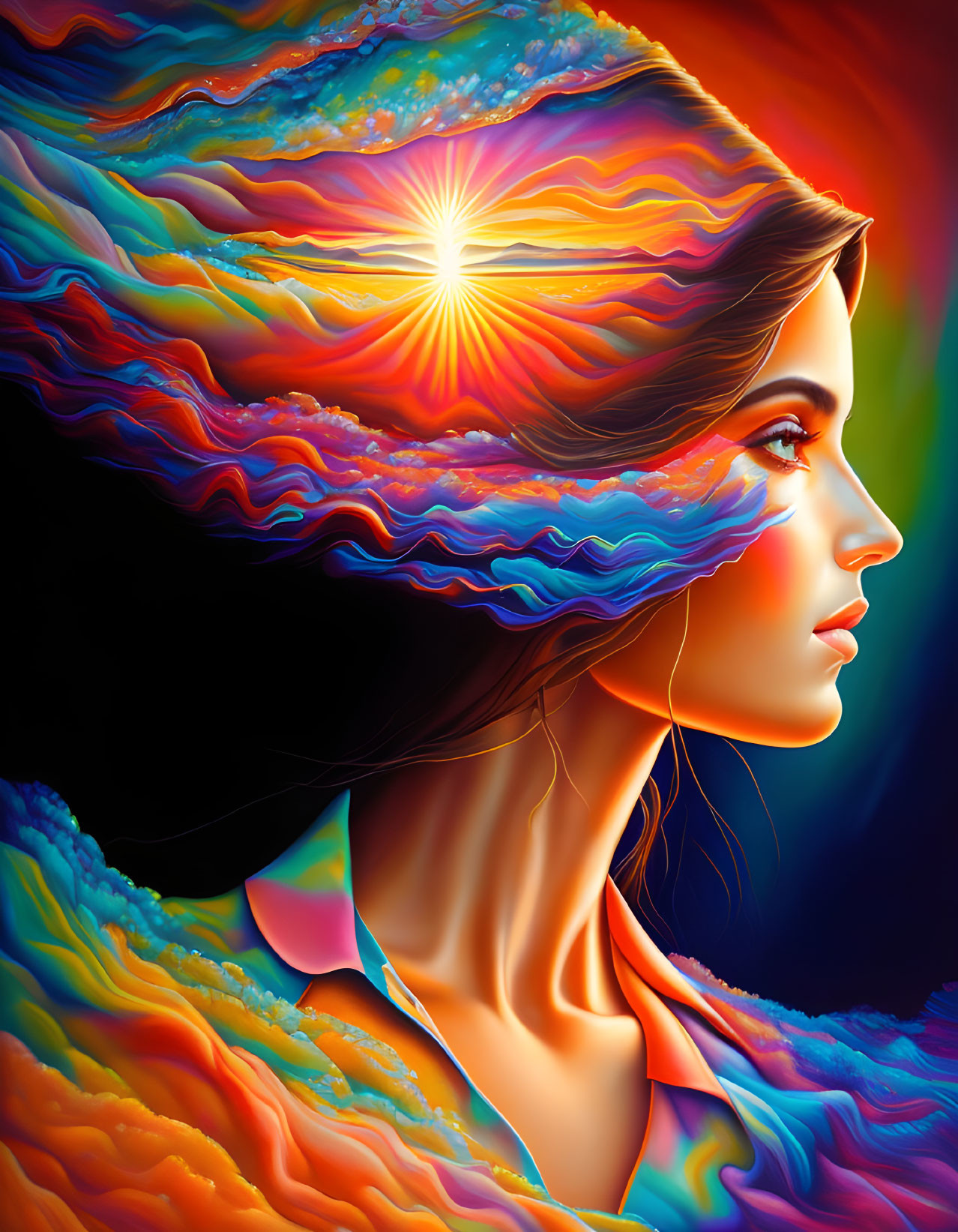 Colorful portrait of woman with flowing rainbow hair and sun motif