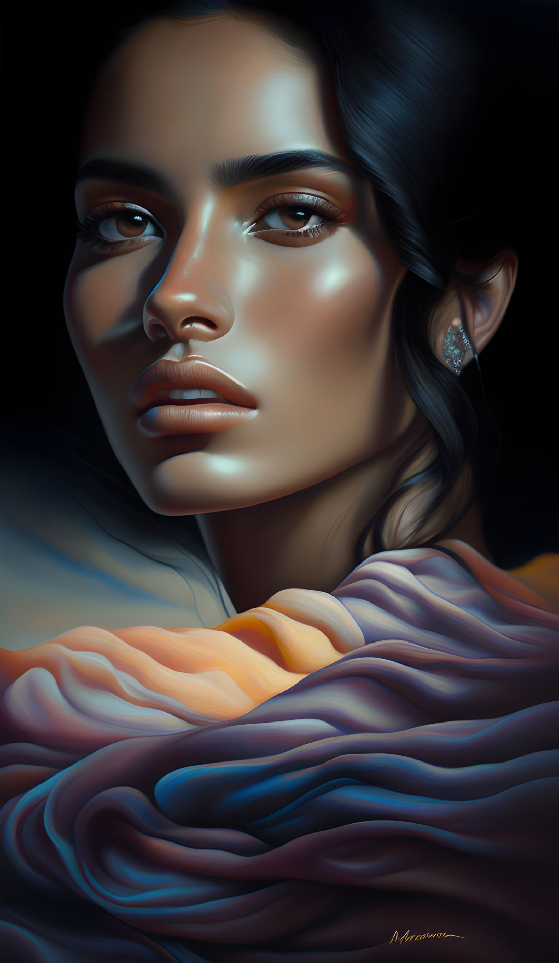 Digital portrait of woman with glowing skin and dark hair in orange and purple fabric