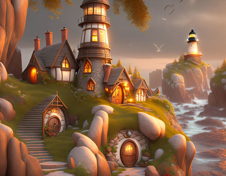 Coastal Fantasy Landscape with Houses, Lighthouses, and Birds at Dusk