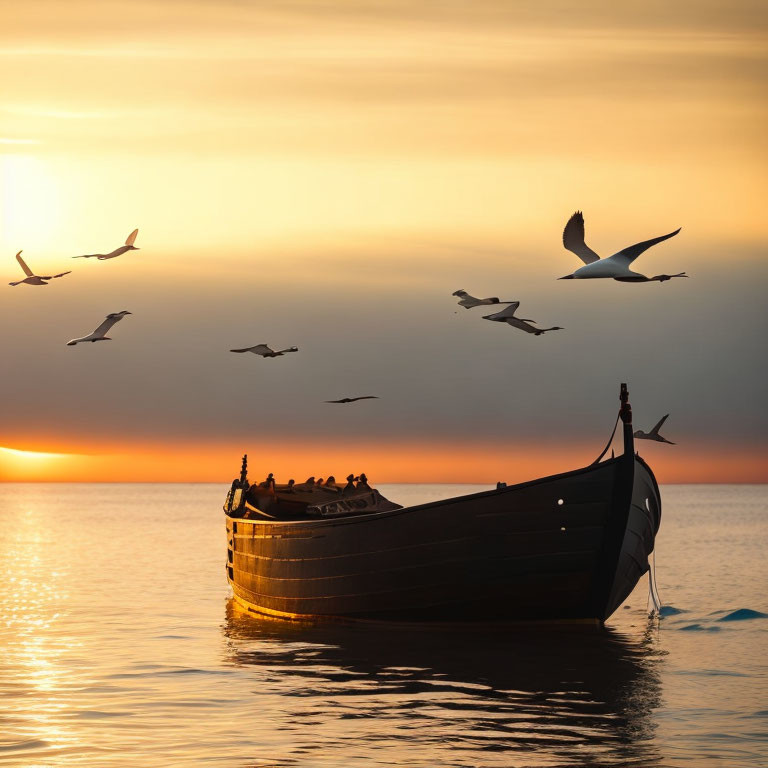 Sunset wooden boat on calm waters with flying birds