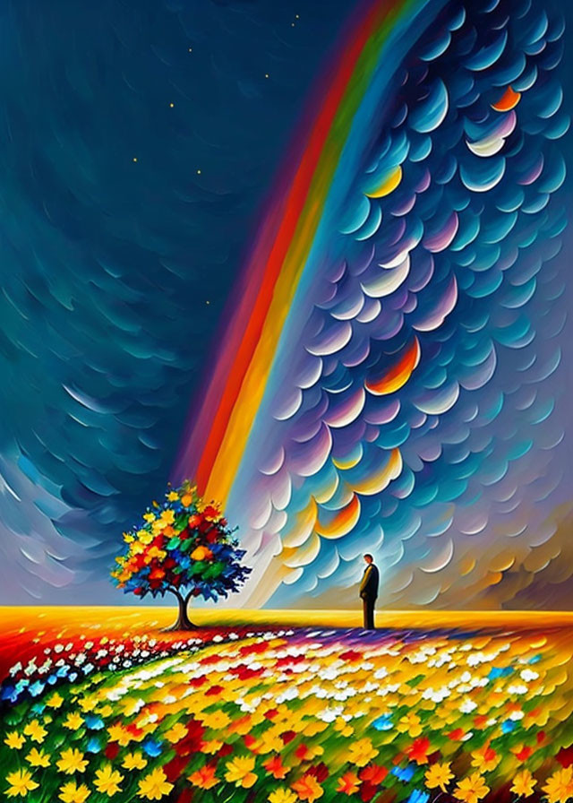 Colorful painting: person under rainbow, tree, flower field, blue wave sky