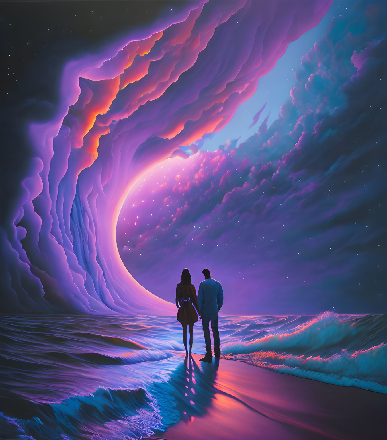 Couple admiring surreal night sky on beach